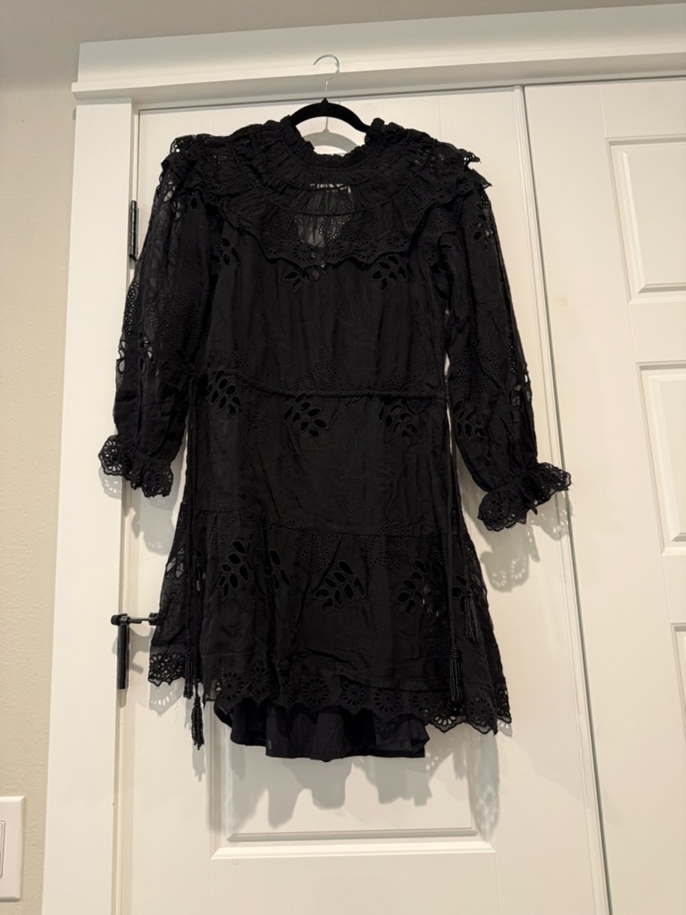 FARM Rio Black Eyelet & Lace Tiered Mini Dress
